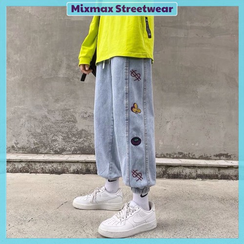 [ORDER] Quần bò jeans ống rộng kiểu dáng jogger thêu hoạ tiết bo chun Ulzzang siêu chất ❤️