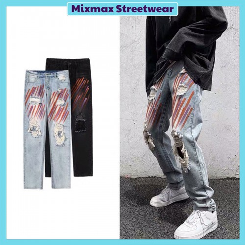 [ORDER-CÓ BIG SIZE-HÀNG LOẠI 1] Quần bò jeans ống rộng rách gối in màu hoạ tiết Ulzzang streetstyle siêu chất ❤️