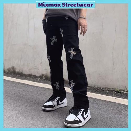 [ORDER] Quần bò jeans ống rộng thêu hoạ tiết thánh giá CH màu đen hiphop siêu chất ❤️