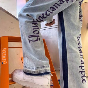 [ORDER+ẢNH THẬT] Quần bò jeans ống rộng form loe thêu chữ nghệ thuật phối viền xanh đậm Ulzzang hiphop siêu chất ❤️