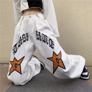 [ORDER+ẢNH THẬT-CÓ BIG SIZE] Quần bò jeans ống rộng màu trắng in chữ hình ngôi sao Unisex Ulzzang hiphop siêu chất ❤️