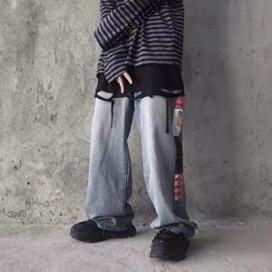 [ORDER] Quần bò jeans ống rộng xanh nhạt cách điệu vải phối dọc sườn Ulzzang unisex siêu chất ❤️