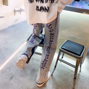 [ORDER+ẢNH THẬT] Quần bò jeans ống rộng form loe thêu chữ nghệ thuật phối viền xanh đậm Ulzzang hiphop siêu chất ❤️