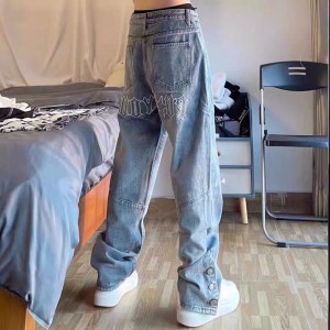 [ORDER+ẢNH THẬT] Quần bò jeans ống rộng thêu chữ cúc bấm Ulzzang cách điệu màu xanh nhạt hiphop siêu chất ❤️