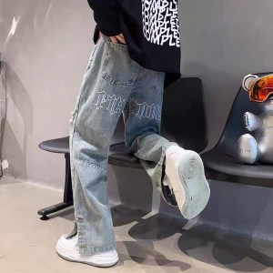 [ORDER+ẢNH THẬT] Quần bò jeans ống rộng thêu chữ cúc bấm Ulzzang cách điệu màu xanh nhạt hiphop siêu chất ❤️