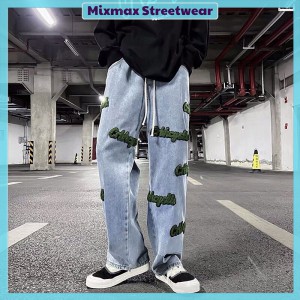 [ORDER+ẢNH THẬT] Quần bò jeans ống rộng chữ nổi eo chun dây rút cách điệu hiphop Ulzzang siêu chất ❤️