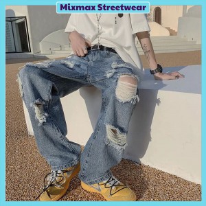 [ORDER+ẢNH THẬT] Quần bò jeans ống rộng rách gối tua rua màu xanh / đen Ulzzang hiphop siêu chất ❤️