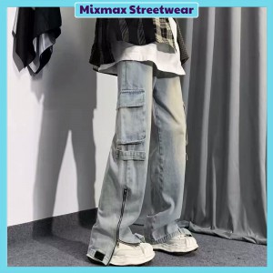 [ORDER+ẢNH THẬT] Quần bò jeans ống rộng túi hộp zipper kéo khoá sườn màu xanh nhạt vintage và đen Ulzzang hiphop