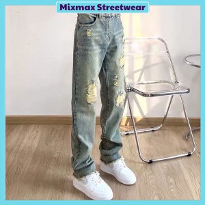 [ORDER+ẢNH THẬT] Quần bò jeans ống rộng suông rách tua rua vân màu xanh vintage bụi bặm hiphop unisex siêu chất ❤️