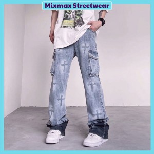 [ORDER+ẢNH THẬT] Quần bò jeans ống rộng chữ thập hình thánh giá mix ngọn lửa đen CH túi hộp hiphop Ulzzang siêu chất ❤️