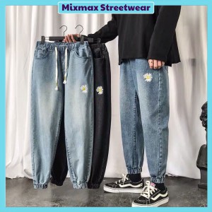 [ORDER-CÓ BIG SIZE] Quần bò jeans jogger ống rộng hoa cúc cạp chun dây rút Ulzzang hiphop siêu chất ❤️