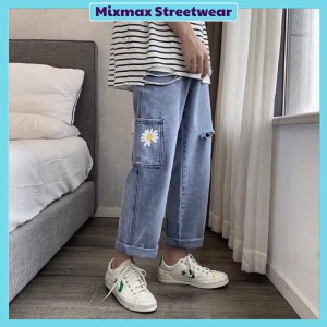 [ORDER] Quần bò jeans ống rộng túi hộp hoa cúc xẻ đùi Ulzzang siêu chất ❤️